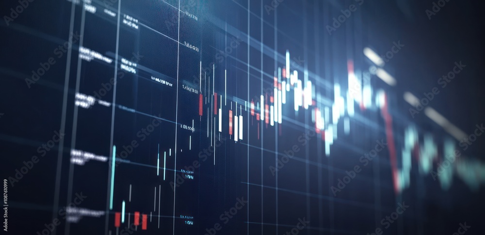 Poster a digital stock market chart displaying fluctuating prices and trading activity.