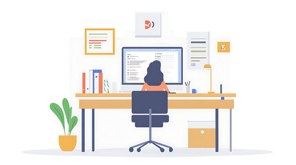 Naklejka premium A woman is sitting at a desk with a computer monitor and a keyboard