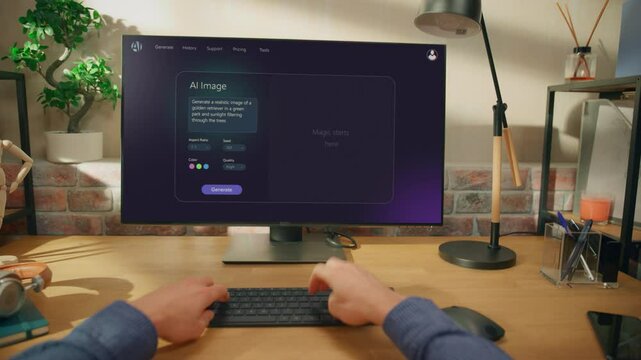 POV Shot: Person Using Computer and Screen Displays an AI Chatbot Interface With Productivity Tips. Innovative AI Virtual Assistant Generates Creative Visual Content, Cute Dog. Point of View Angle
