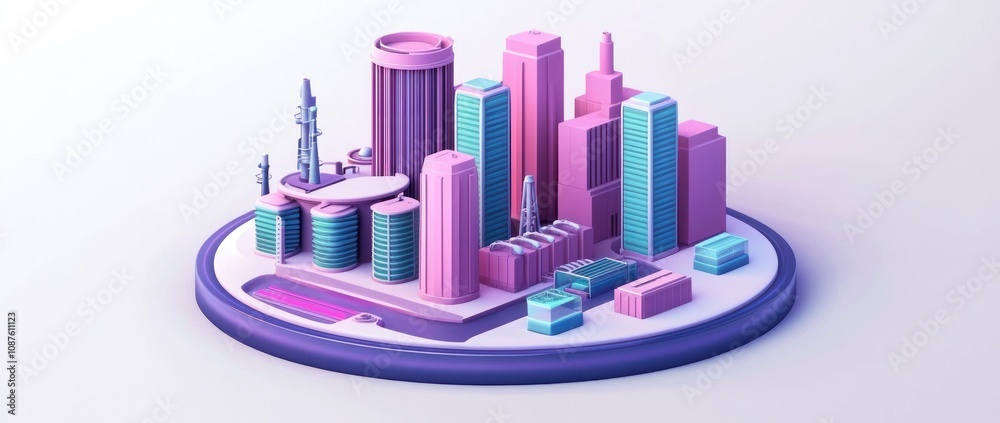 Poster A stylized 3D cityscape with colorful buildings and structures on a circular base.