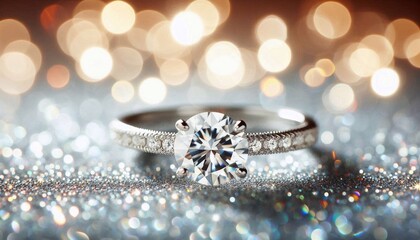 Fototapeta premium Elegant diamond engagement ring on sparkling blurred background