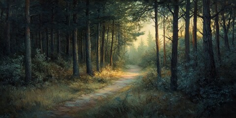 Evening light filters through the trees, illuminating a serene path through the forest. This enchanting evening light highlights the beauty of the forest and invites exploration along the path.