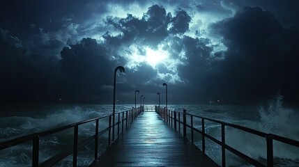 Pier extending over the water at night with a turbulent sky above, clouds rolling dramatically and the horizon barely visible.