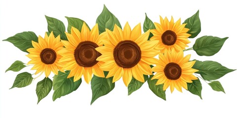 Vibrant yellow sunflowers create a stunning bunch, with their petals and green leaves showcasing the beauty of blooming flowers. These cheerful flowers symbolize youth and rebirth during spring.