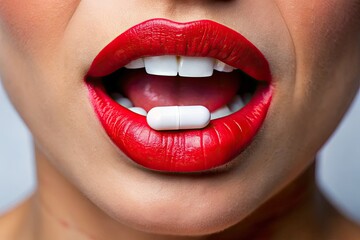 Obraz premium A young woman with red lipstick is taking pills.