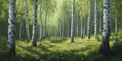 Obraz premium Birches forest in springtime showcases the beauty of nature, with vibrant greenery and fresh blossoms. Experience the serene atmosphere of a birches forest during this enchanting season.
