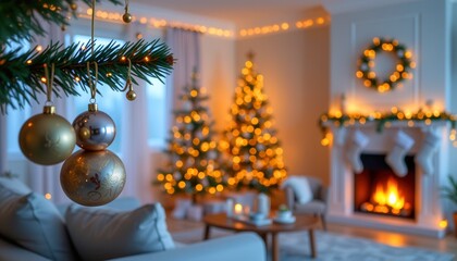 Minimalist holiday living room with Christmas tree, stockings, and warm fairy lights