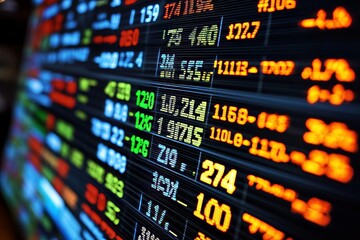 Fototapeta premium A vibrant digital interface showing market data, currency symbols, and stock graphs, symbolizing the global digital economy.