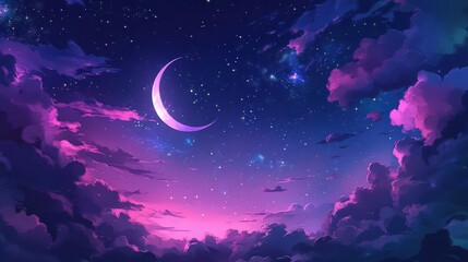 A crescent moon with stars shining in the night sky above pink clouds