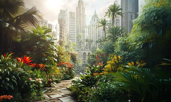 A lush, vibrant garden merges with a futuristic cityscape, showcasing nature and urban life.