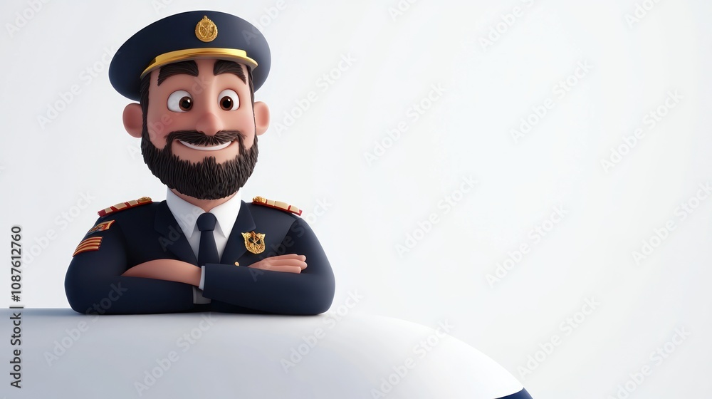 Aufkleber a cheerful animated character in a pilot uniform, smiling and leaning on an aircraft.