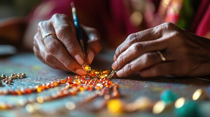 Artisan Craftswomans Hands Making Beaded Jewelry Necklace