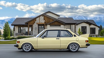 A Vintage Yellow Car Parked In Front of a Modern Home with Mountain Views