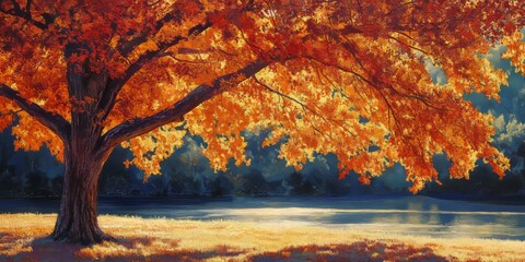 Autumn tree basking in sunlight, showcasing the vibrant colors of autumn. This autumn tree reflects the beauty of the season, illuminated by gentle sunlight in a serene setting.