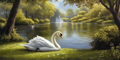 Fototapeta premium Swan resting gracefully in a tranquil park near the water, embodying the serene beauty of nature. The presence of the swan adds a peaceful touch to the picturesque park setting.