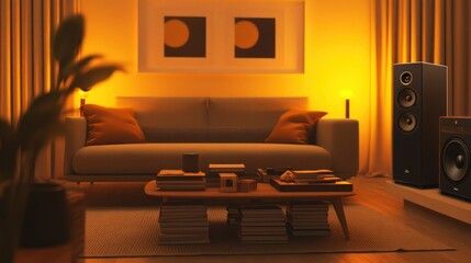 A minimalist living room with a couch, warm yellow lighting, a coffee table filled with books, and chill lo-fi music emanating from a sleek sound system.