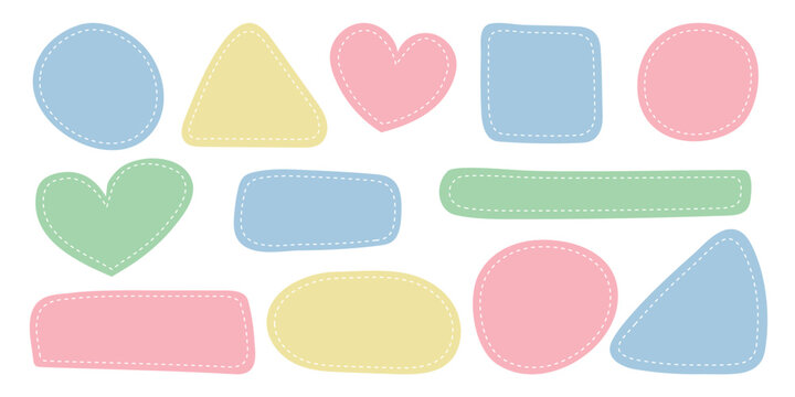 Set patches of different shapes with dotted line. Blue, pink, yellow, green dotted patches. Pastel templates, place for text or photo frames. Vector elements isolated on white background. 