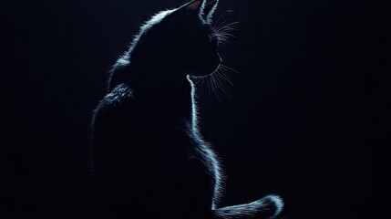 Silhouette of a black cat with faint outline visible, sitting on an entirely black background, creating a sense of mystery and elegance.