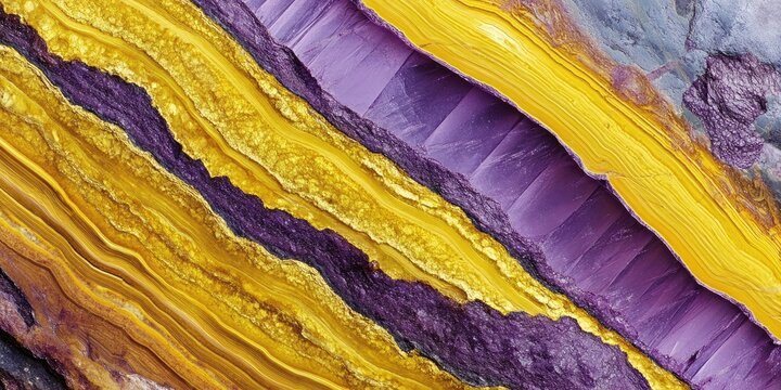 Vibrant yellow bands contrast sharply with a purple wedge in this abstract micrograph of peridotite rock, captured at 40x magnification using polarization techniques. Enjoy the stunning details of