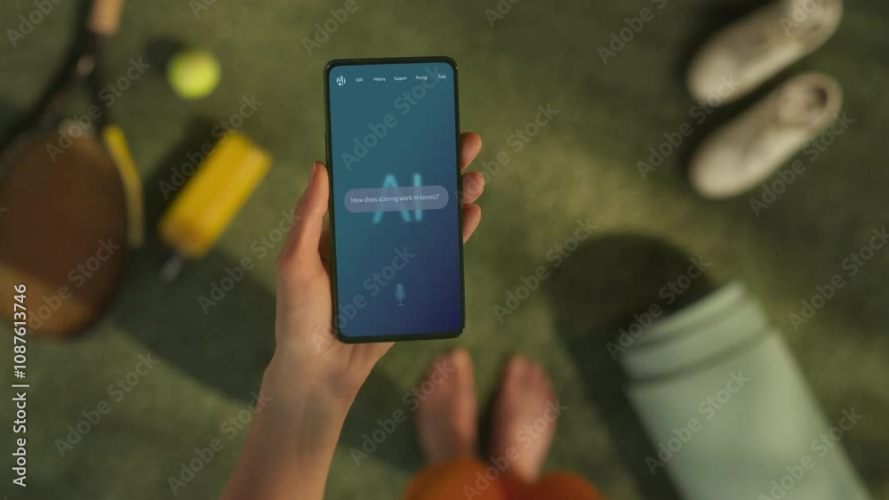 Poster a hand holds a smartphone displaying an ai chatbot interface. device shows tennis rules, ai assistan