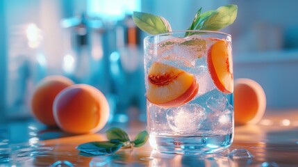 A refreshing drink with peach slices and basil, served over ice.