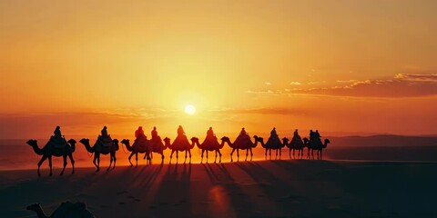 Desert caravan at sunrise with silhouetted camels, 4K Video