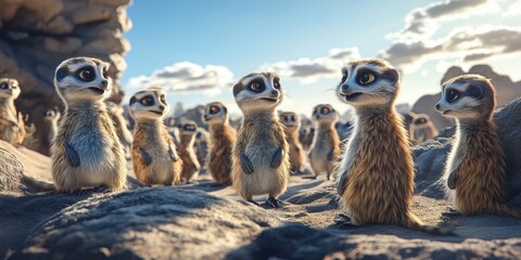 A group of watching suricats with thought bubbles, showcasing their curiosity and interaction in a lively scene. The suricats exhibit interesting expressions within the talk bubbles.