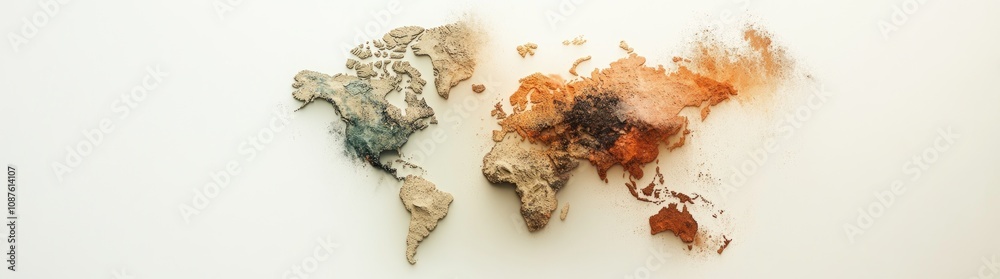Poster a textured world map created with earthy materials, symbolizing global connection.