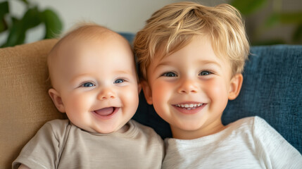 Joyful siblings sharing smiles on a cozy couch