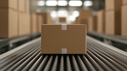 E-commerce logistics fulfillment. A close-up of a cardboard box on a conveyor belt in a warehouse, surrounded by stacked boxes, highlighting logistics and shipping processes.