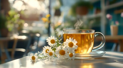 Healthy hot camomile tea on white table with blurred background