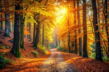 Serene Autumn Pathway Through a Forest of Fallen Leaves for Nature Lovers