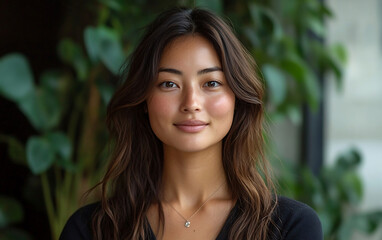 Obraz premium Young Attractive Elegant Asian Woman with Long Brown Hair Natural Smile Soft Features against Indoor Backdrop of Lush Green Plants with Natural Light