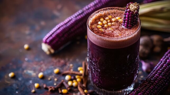 Close-up of chicha morada shows its vibrant color and unique ingredients like purple corn