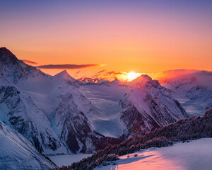 A stunning sunset casts warm orange and pink hues over a snowy mountain range, creating soft shadows on the icy landscape, ai.