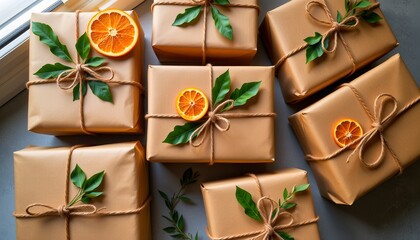 Eco friendly gift wrapping with brown craft paper, twine, and dried orange slices