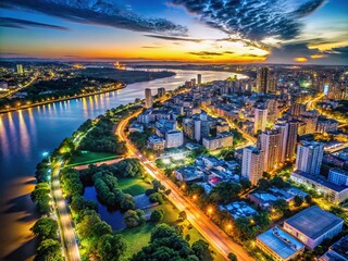 Fototapeta premium Porto Alegre Cityscape at Night - Drone View - Guaiba River's Edge - 2024