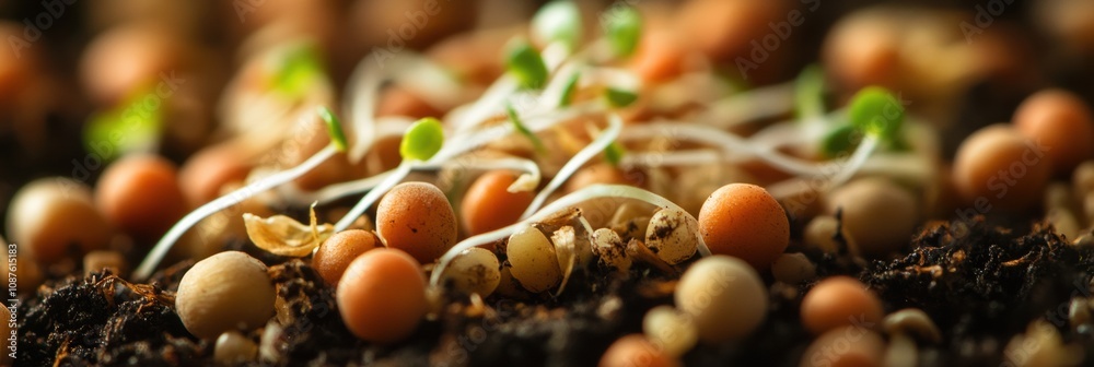 Aufkleber fresh sprouts begin to grow from seeds nestled in dark, nutrient-rich soil, creating a vibrant contr