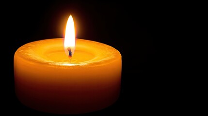 Single candle burning in the center of a dark room, casting a warm glow with soft shadows for a quiet, reflective vibe.