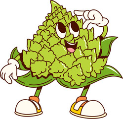Groovy Romanesco cabbage vegetable character with happy face, vector retro cartoon. Groovy funky Romanesco cabbage comic emoji in good vibes with cute smile for vegetable food cartoon character