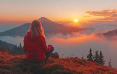 Fototapeta premium Golden Hour Serenity Woman in Red Jacket Contemplates Majestic Alpine Sunrise over Misty Mountain Peaks Tranquility on High Altitude Mountaintop