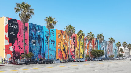 Vibrant street art murals featuring expressive faces and colorful designs, ideal for wall art, posters, wallpapers, and urban decoration in outdoor settings.