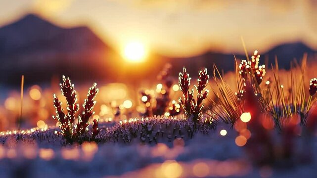 Golden hour glow on mountain heath plants