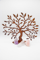 Rustic Metal Tree of life Silhouette Paired with Vibrant Amethyst, Quartz, and Rose Quartz Crystals