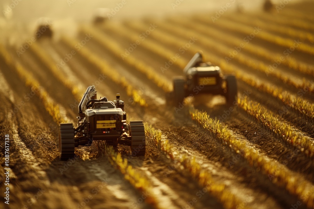 Poster robotic machines operate on a farm at sunset, planting and harvesting crops with precision across we