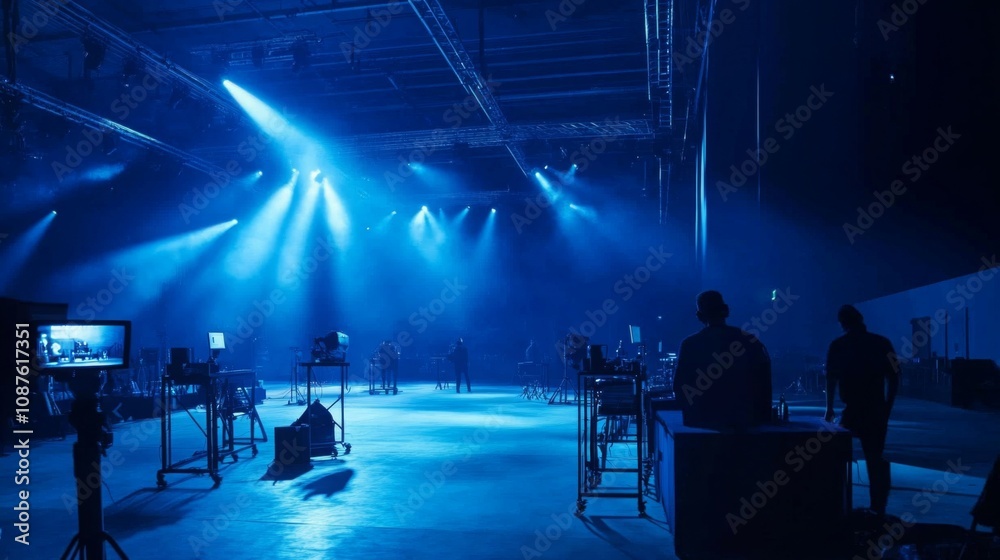 Aufkleber a team prepares for an upcoming performance in a large, empty venue. blue lights illuminate the spac