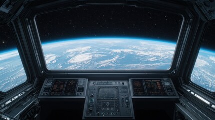 A futuristic spacecraft cockpit shows Earth in the distance, surrounded by stars, offering a breathtaking view of space.