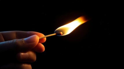 Igniting a Matchstick Hand, Flame, Light, Darkness, Fire, Wood, Ember, Burning, Illumination, Night