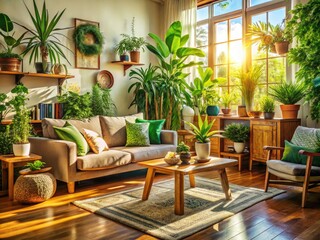 Fototapeta premium Sunlit Cozy Living Room with Houseplants and Natural Decor for Peaceful Green Environment
