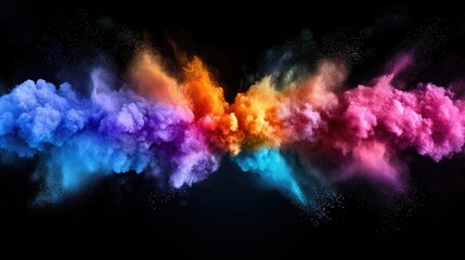 A series of colorful powder clouds converging towards a central point, representing the coming together of ideas in a creative moment.